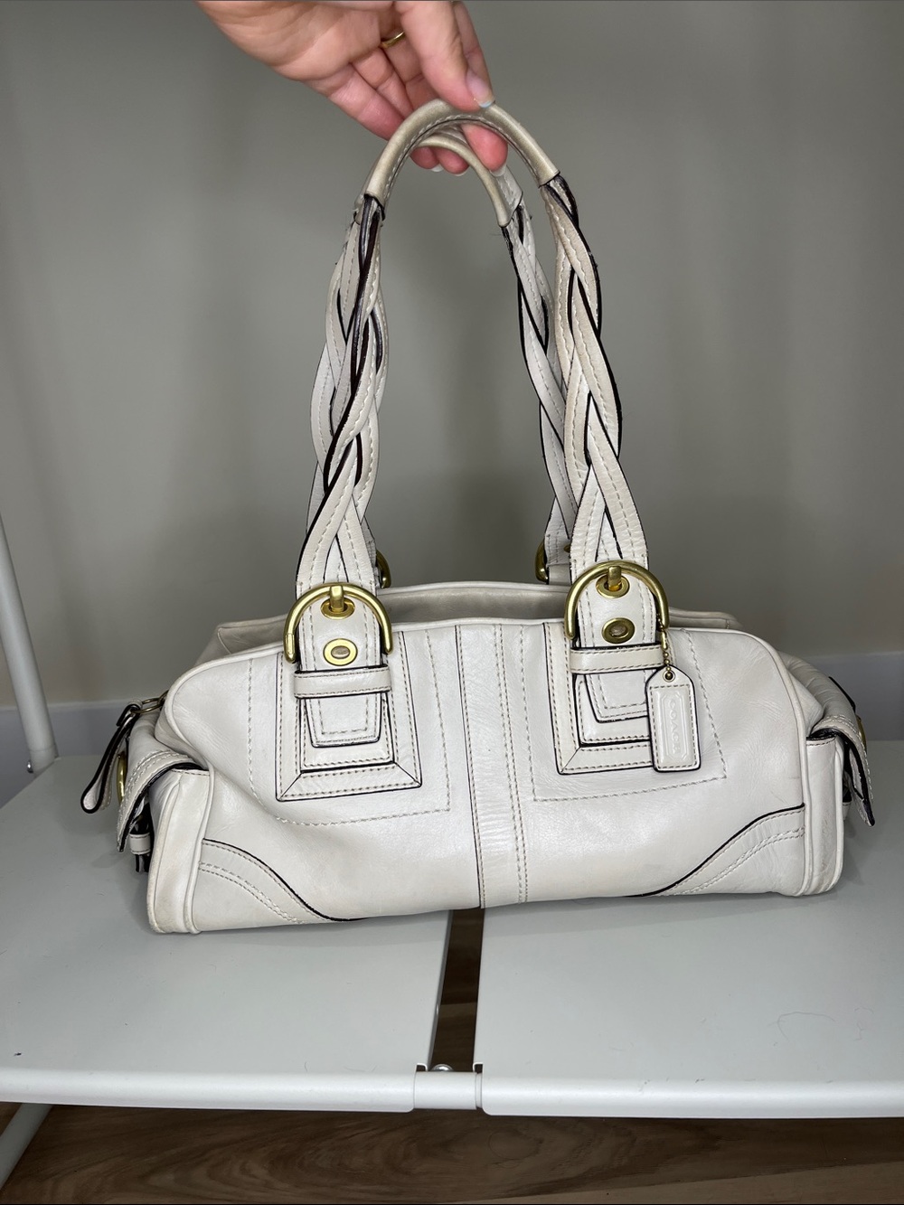 Coach  Cream Soho Mia Shoulder Bag with Braided Handles and Gold Hardware